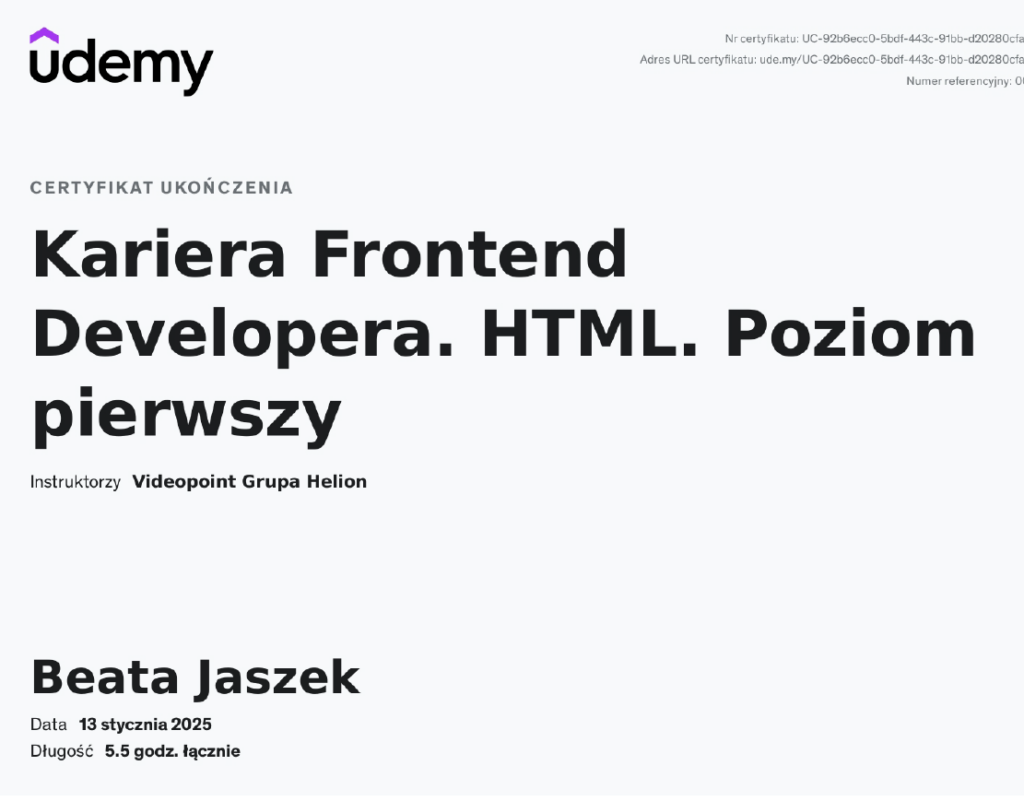 Certyfikat kursu HTML