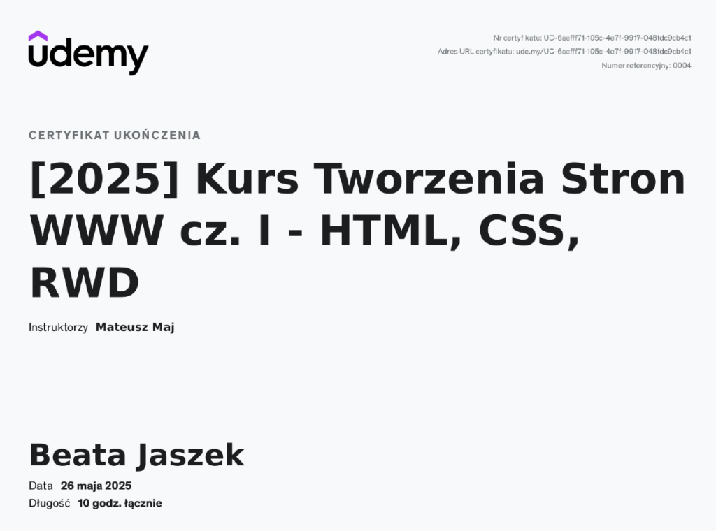 Certyfikat kursu HTML CSS