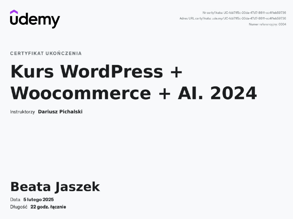 Certyfikat kursu z WordPressa